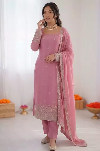 Women pink georgette thread with sequin salwar suit