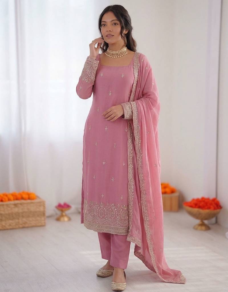 Women pink georgette thread with sequin salwar suit