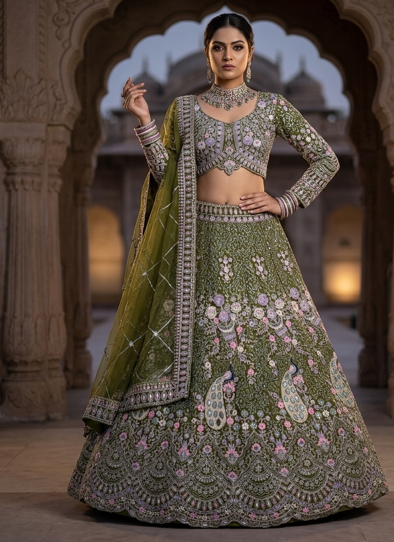 MAHENDI BUTTERFLY NET PARTY WEAR EMBROIDERY LEHNGHA CHOLI