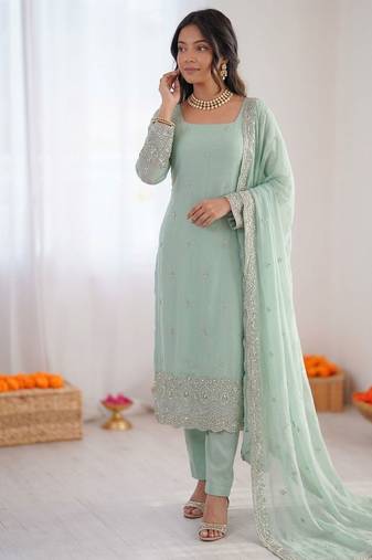 Women sea green georgette thread with sequin salwar suit