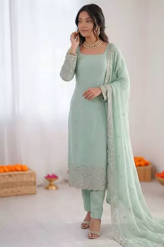 Women sea green georgette thread with sequin salwar suit