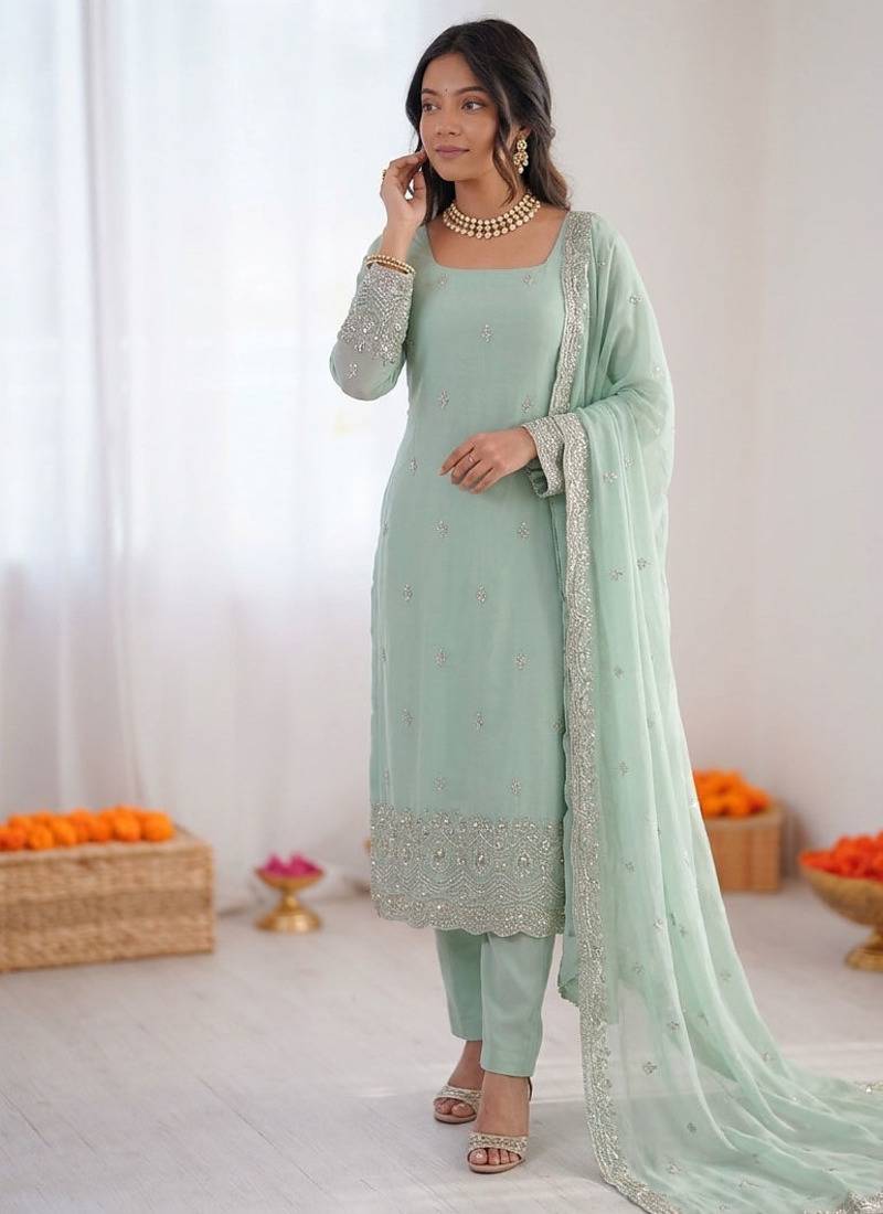 Women sea green georgette thread with sequin salwar suit