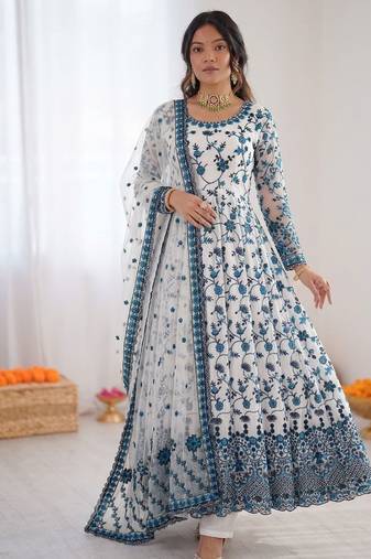 Women off white georgette thread with sequin anarkali suit