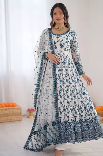Women off white georgette thread with sequin anarkali suit