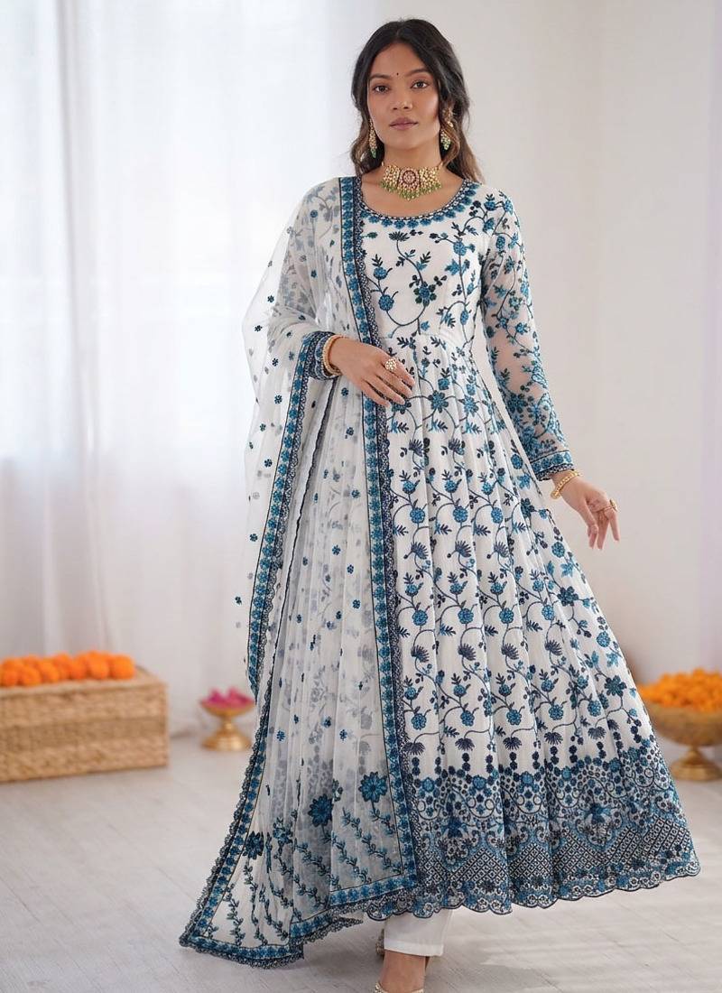 Women off white georgette thread with sequin anarkali suit