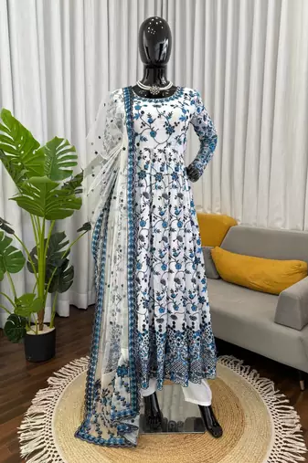 Women off white georgette thread with sequin anarkali suit