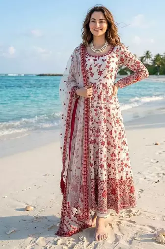 Women off white georgette thread with sequin anarkali suit