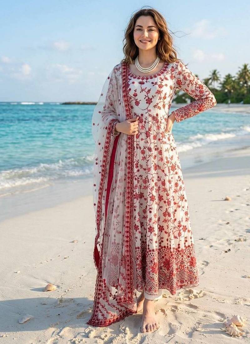 Women off white georgette thread with sequin anarkali suit
