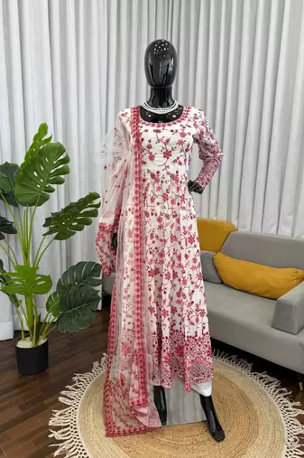 Women off white georgette thread with sequin anarkali suit