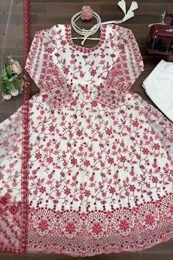 Women off white georgette thread with sequin anarkali suit