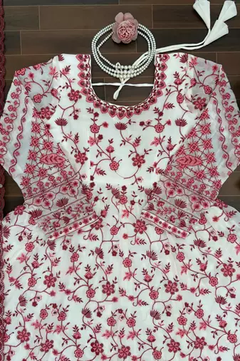 Women off white georgette thread with sequin anarkali suit