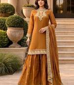 Women beige chnaderi silk thread with sequin palazzo suit