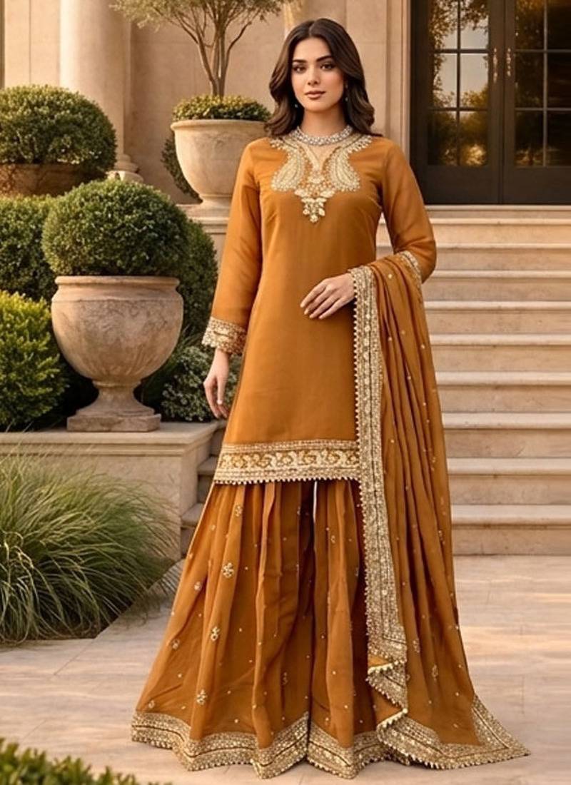 Women beige chnaderi silk thread with sequin palazzo suit