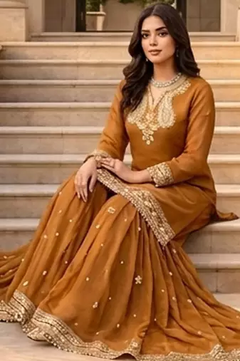 Women beige chnaderi silk thread with sequin palazzo suit