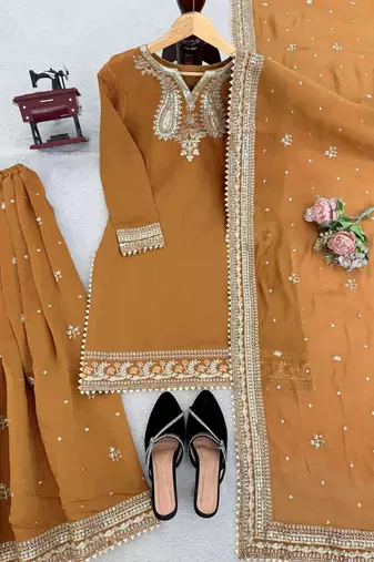 Women beige chnaderi silk thread with sequin palazzo suit