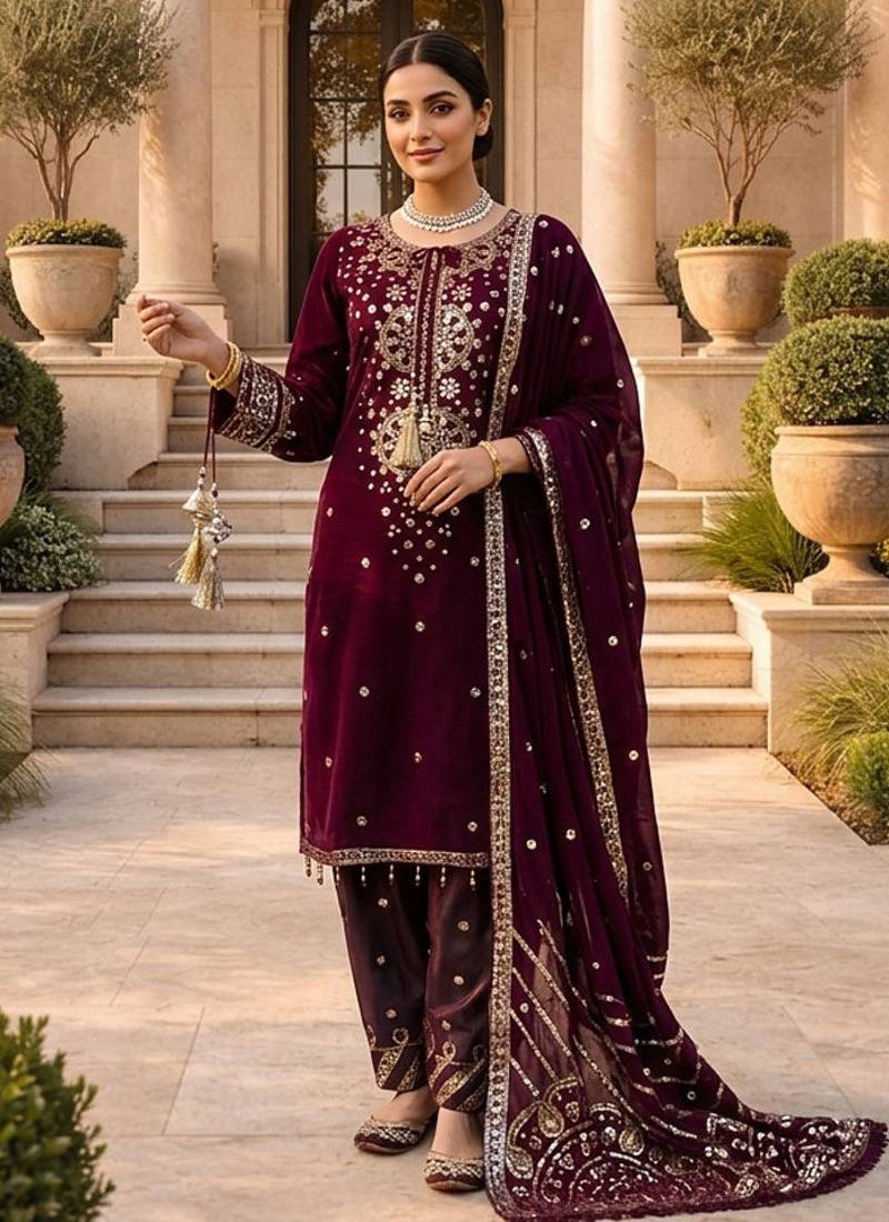 Women wine roman silk thread sequin salwar suit