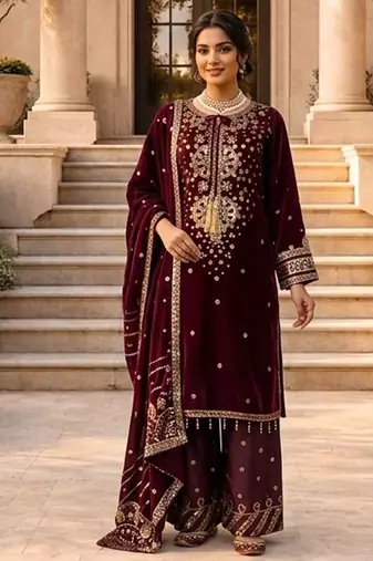 Women wine roman silk thread sequin salwar suit