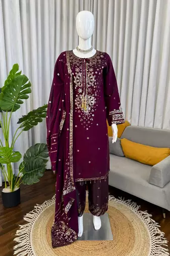 Women wine roman silk thread sequin salwar suit