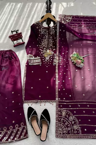 Women wine roman silk thread sequin salwar suit