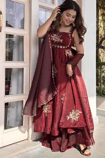 Women maroon fendy silk thread sequin palazzo suit
