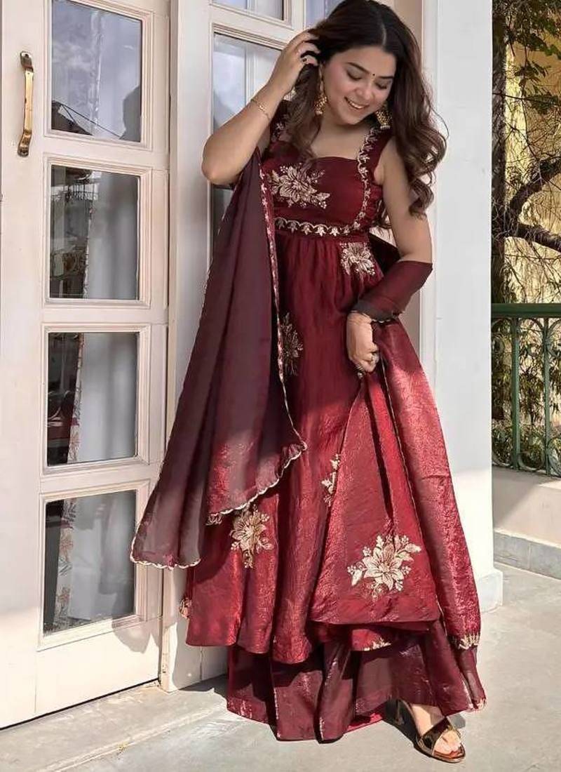 Women maroon fendy silk thread sequin palazzo suit