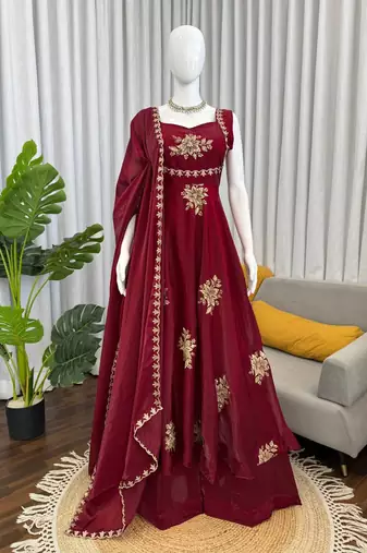 Women maroon fendy silk thread sequin palazzo suit