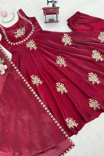 Women maroon fendy silk thread sequin palazzo suit