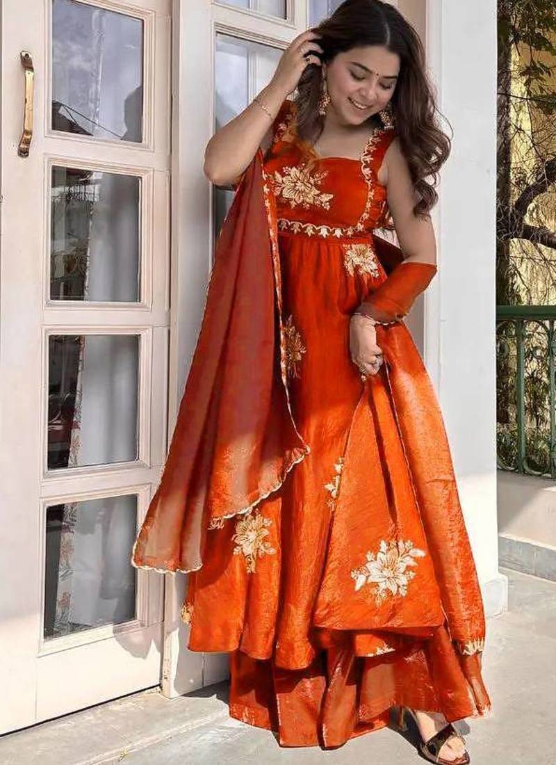 Women orange fendy silk thread sequin palazzo suit
