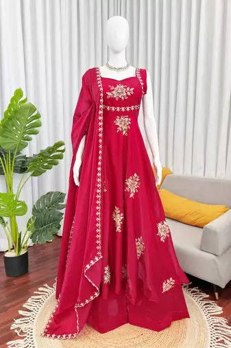 Women pink fendy silk thread sequin palazzo suit