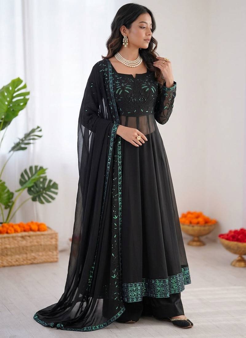 Women black georgette thread sequin palazzo suit