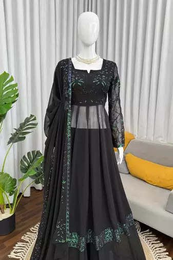 Women black georgette thread sequin palazzo suit