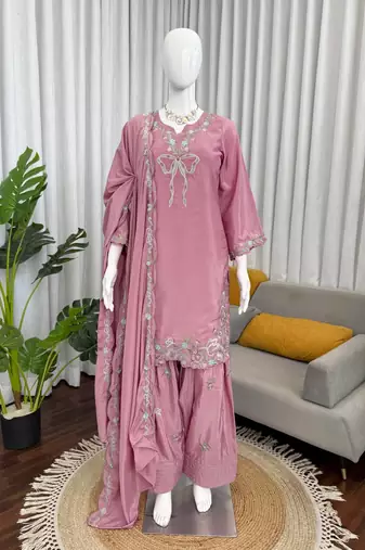 Women light pink crepe silk thread sequin farshi salwar suit