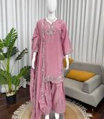 Women light pink crepe silk thread sequin farshi salwar suit