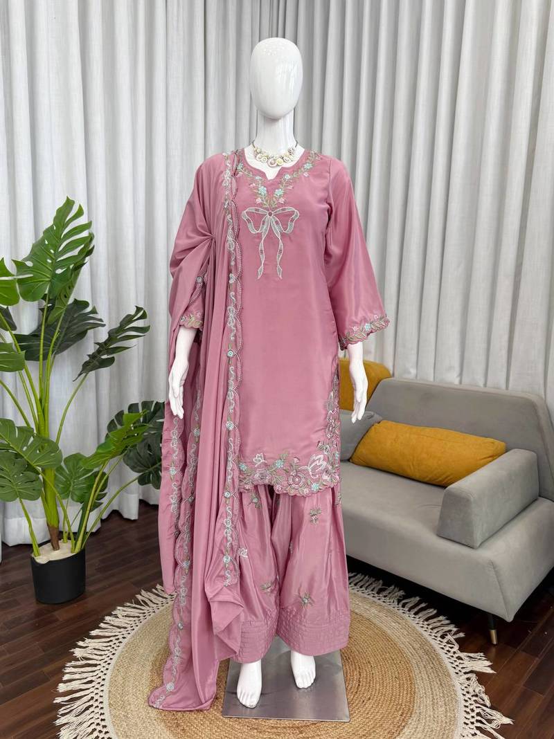 Women light pink crepe silk thread sequin farshi salwar suit