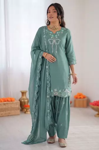 Women sea green crepe silk thread sequin farshi salwar suit