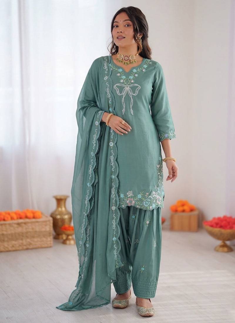 Women sea green crepe silk thread sequin farshi salwar suit