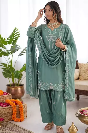 Women sea green crepe silk thread sequin farshi salwar suit