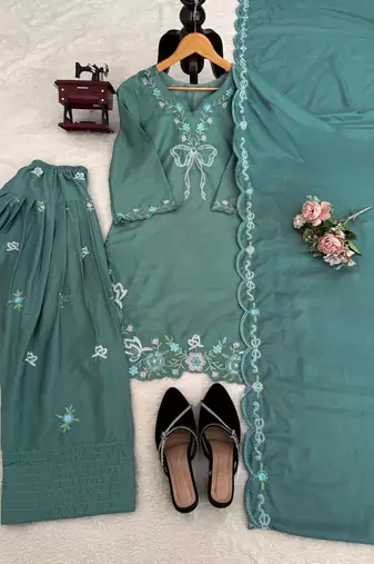 Women sea green crepe silk thread sequin farshi salwar suit
