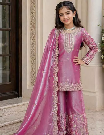 light pink embroidered silk girls sharara set