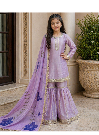 lavender embroidered silk girls sharara set 4