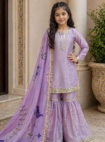 lavender embroidered silk girls sharara set