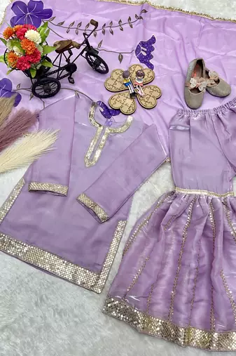 lavender embroidered silk girls sharara set