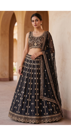 Black Designer Lehenga Set with Heavy Golden Embroidery 1