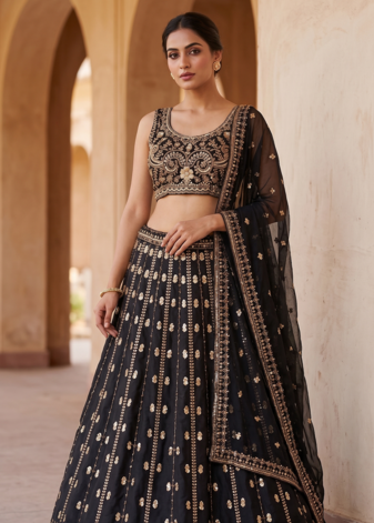 Black Designer Lehenga Set with Heavy Golden Embroidery