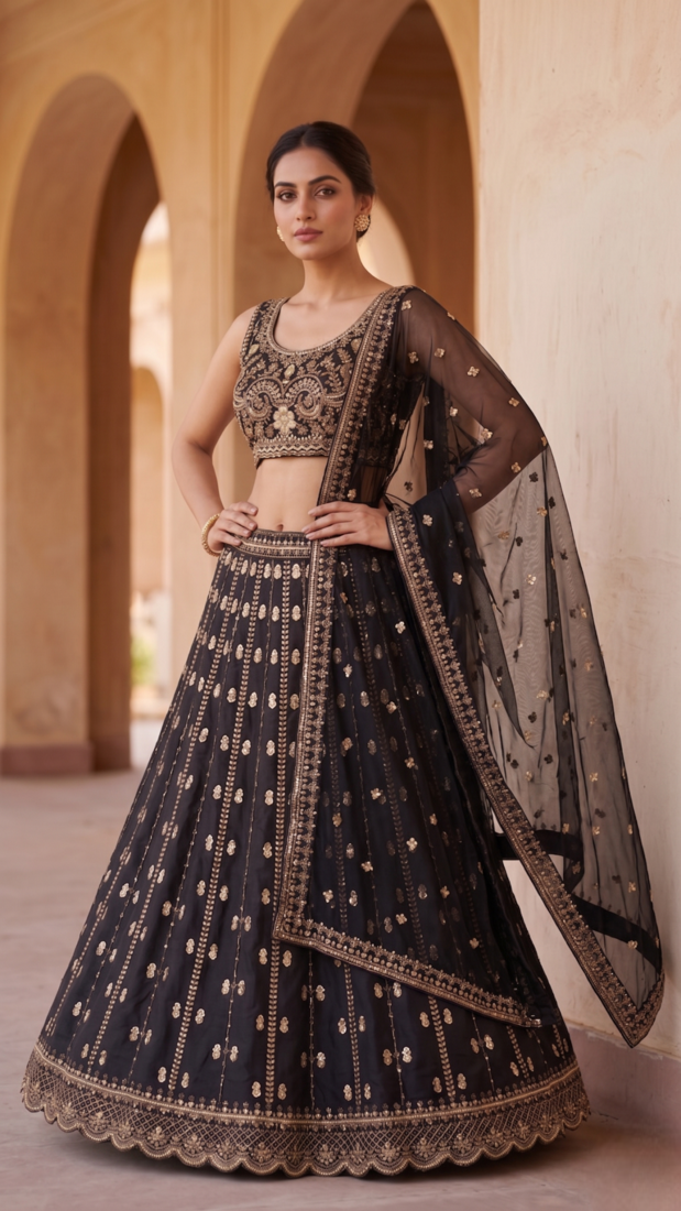 Black Designer Lehenga Set with Heavy Golden Embroidery