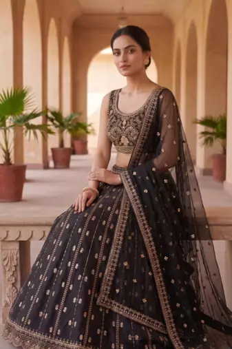Black Designer Lehenga Set with Heavy Golden Embroidery