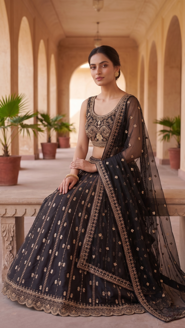 Black Designer Lehenga Set with Heavy Golden Embroidery