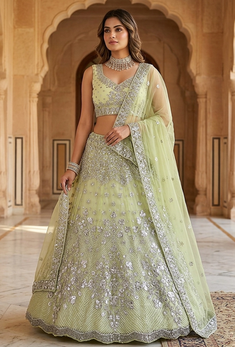 GREEN BUTTERFLY NET PARTY WEAR EMBROIDERY LEHNGHA CHOLI 
