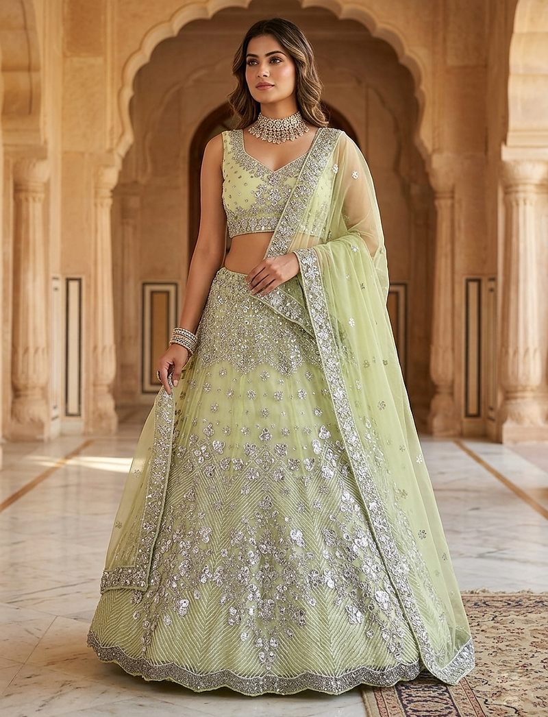 GREEN BUTTERFLY NET PARTY WEAR EMBROIDERY LEHNGHA CHOLI 