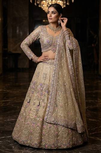 BEIGE BUTTERFLY NET PARTY WEAR EMBROIDERY LEHNGHA CHOLI 